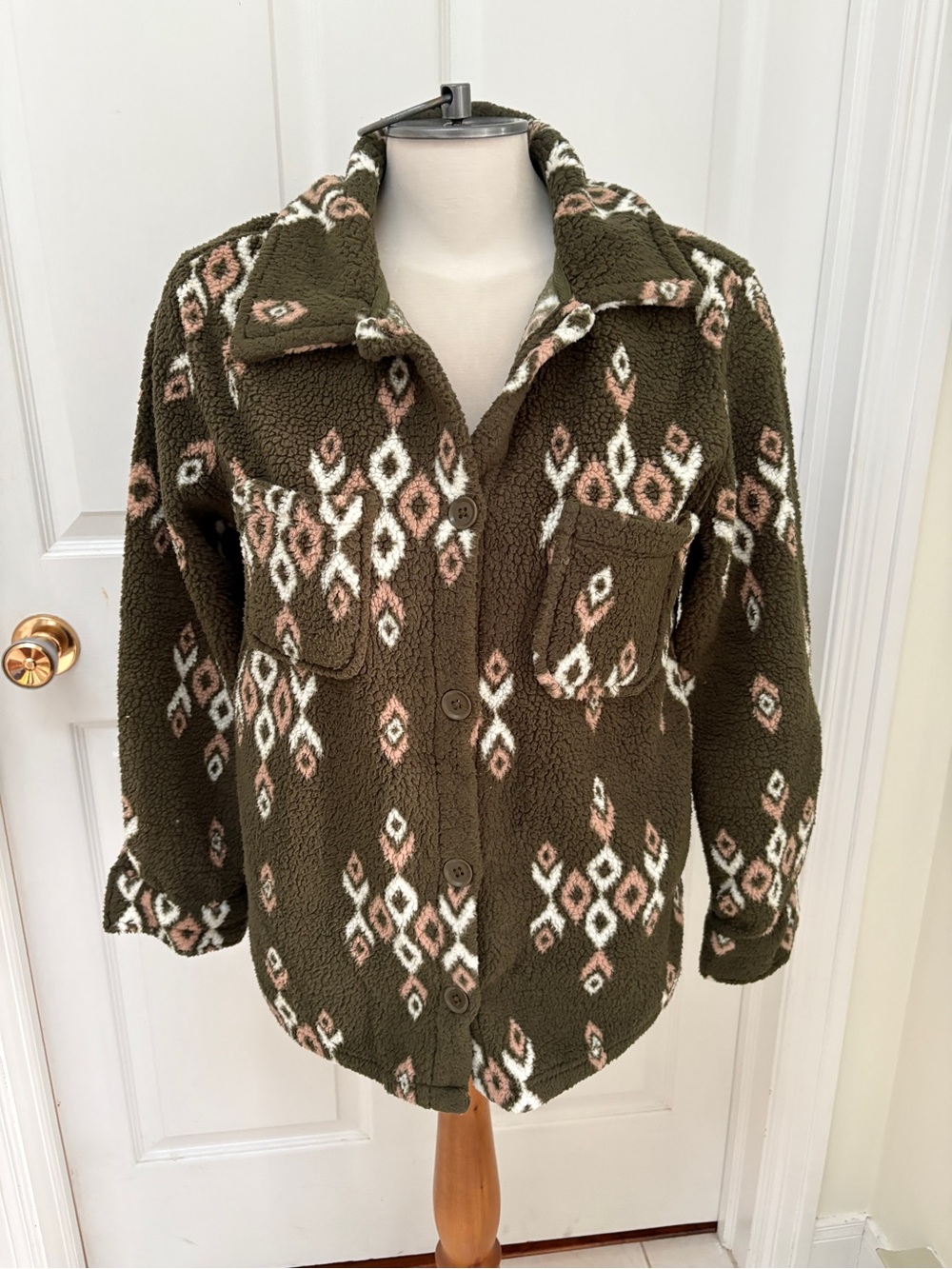 Como Blu Olive Green Patterned Sherpa Button-Up Shirt Jacket ladies small